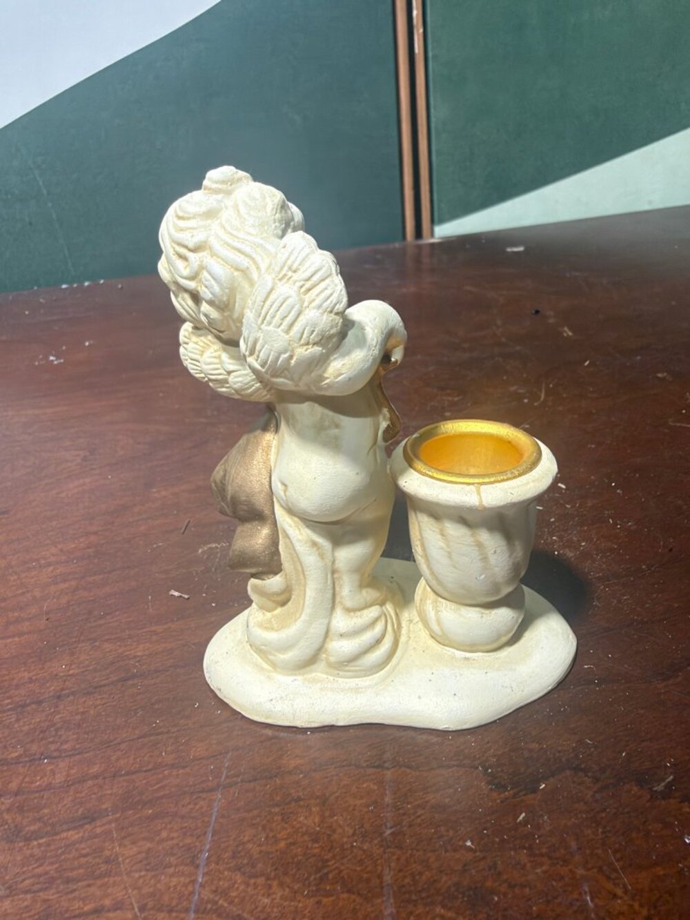 Vintage Cherub Taper Candle Holder – Ivory & Gold Angel Figurine